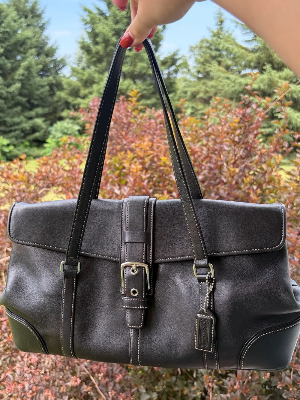 Coach black leather Hamptons flap satchel shoulder bag purse model 9267 silver